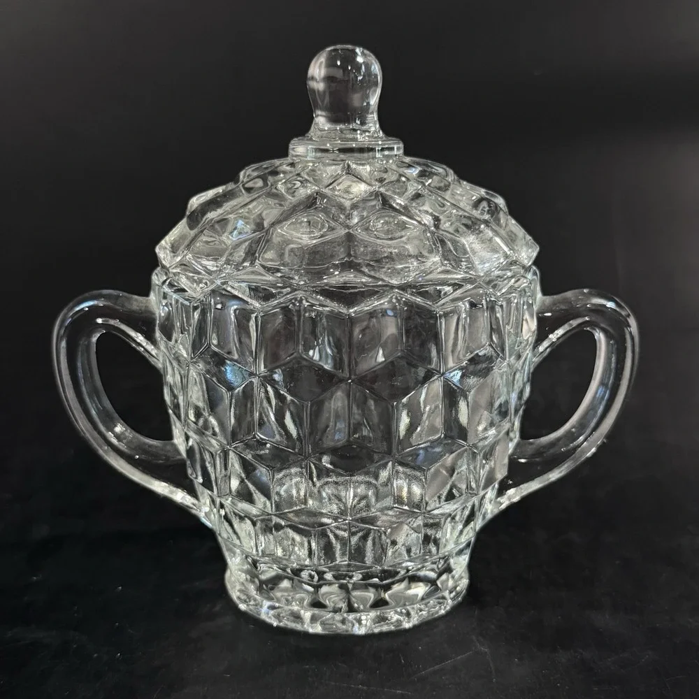 Vintage Fenton Cubist Clear Glass Sugar Bowl W Handles‎ & Lid